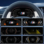 Joyeauto 10-inch Linux LCD Digital Instrument Cluster for BMW X1 E84 (2006-2013) showcasing multiple driving modes and customizable UI themes, including sport, classic and modern digital dashboard layouts, with Wireless CarPlay, phone mirroring and Linux virtual cockpit retrofit integration.