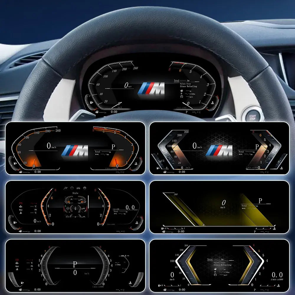 Joyeauto 10-inch Linux LCD Digital Instrument Cluster for BMW X1 E84 (2006-2013) showcasing multiple driving modes and customizable UI themes, including sport, classic and modern digital dashboard layouts, with Wireless CarPlay, phone mirroring and Linux virtual cockpit retrofit integration.