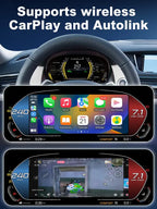 Joyeauto 10-inch Linux LCD Digital Instrument Cluster for BMW X1 E84 (2006-2013) showcasing Wireless CarPlay and Autolink functionality, featuring Apple CarPlay apps, navigation, music streaming, phone mirroring and multimedia playback on a modern Linux virtual cockpit retrofit display