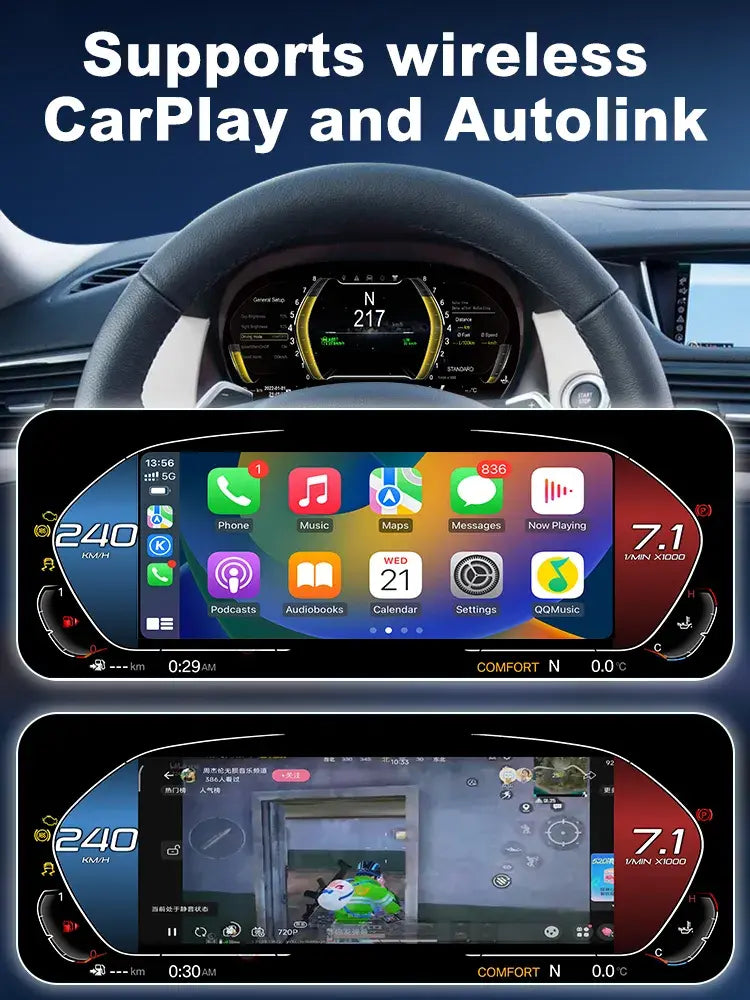 Joyeauto 10-inch Linux LCD Digital Instrument Cluster for BMW X1 E84 (2006-2013) showcasing Wireless CarPlay and Autolink functionality, featuring Apple CarPlay apps, navigation, music streaming, phone mirroring and multimedia playback on a modern Linux virtual cockpit retrofit display