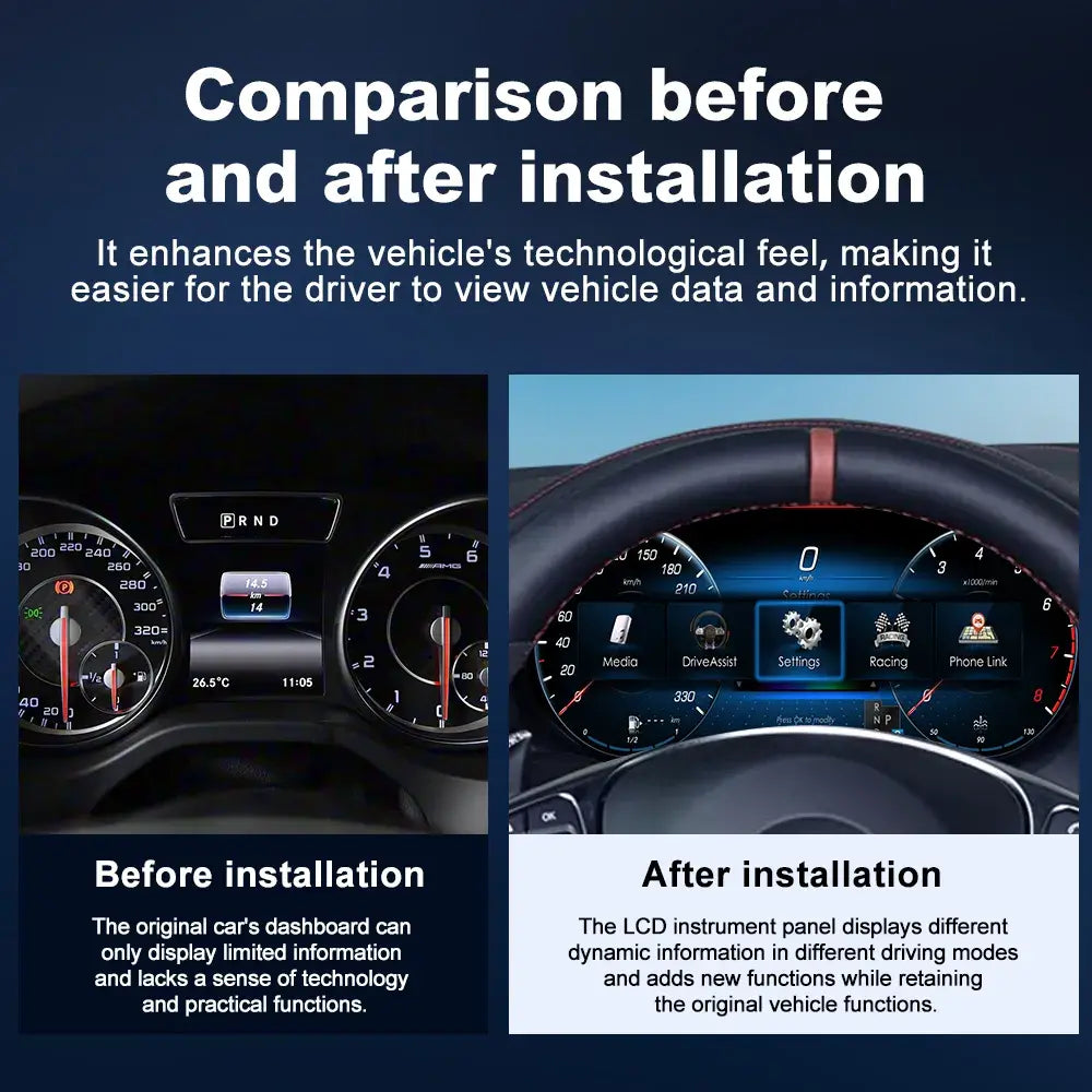 Before and after installation comparison of Joyeauto 12.3-inch Linux LCD Digital Instrument Cluster for Mercedes-Benz A-Class W176, CLA C117 and GLA X156 (2012-2019), showcasing the upgrade from the factory dashboard to a Wireless CarPlay, Android Auto and virtual cockpit display.