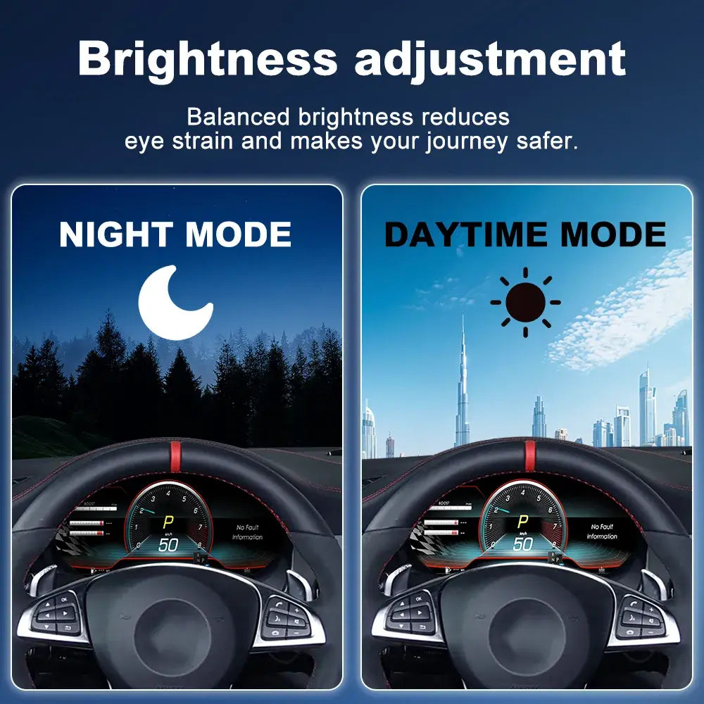 Joyeauto 12.3-inch Linux LCD Digital Instrument Cluster for Mercedes-Benz A-Class W176, CLA C117 and GLA X156 (2012-2019) featuring automatic brightness adjustment, day and night display modes, Wireless CarPlay, Android Auto and Linux virtual cockpit system.