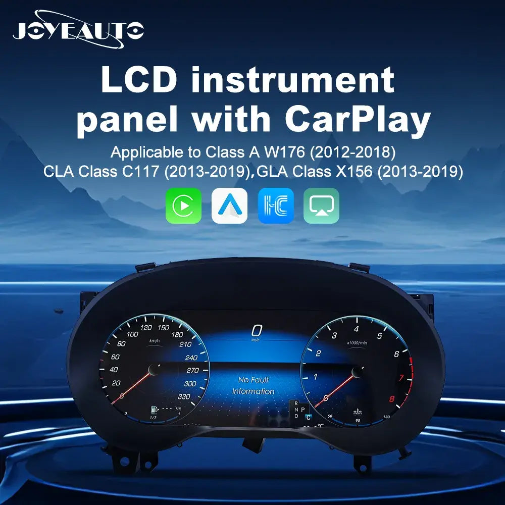 Joyeauto 12.3-inch Linux LCD Digital Instrument Cluster for Mercedes-Benz A-Class W176, CLA C117 and GLA X156 (2012-2019) with Wireless CarPlay, Android Auto and virtual cockpit retrofit.