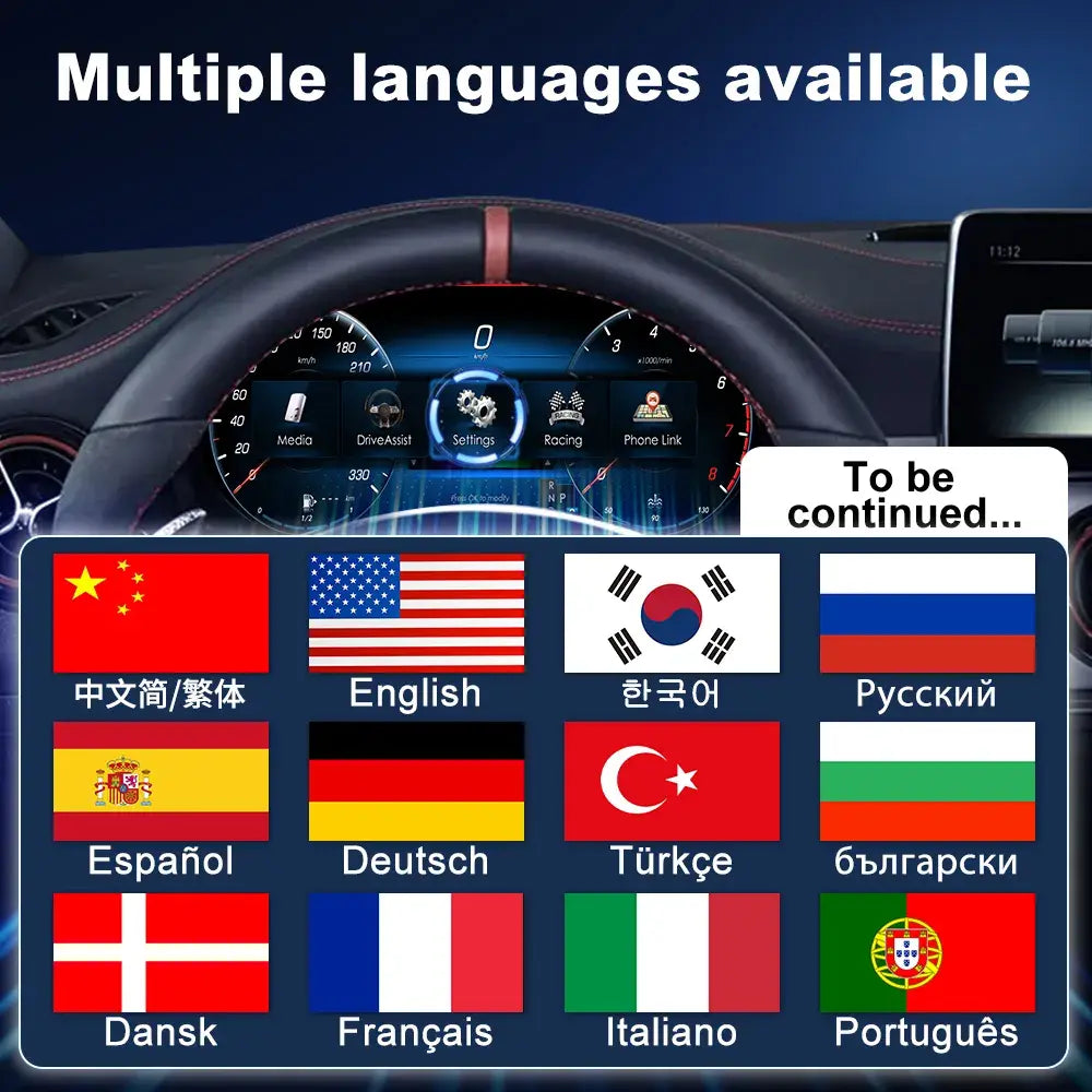 Joyeauto 12.3-inch Linux LCD Digital Instrument Cluster for Mercedes-Benz A-Class W176, CLA C117 and GLA X156 (2012-2019) featuring multi-language support, Wireless CarPlay, Android Auto and customizable virtual cockpit interface.
