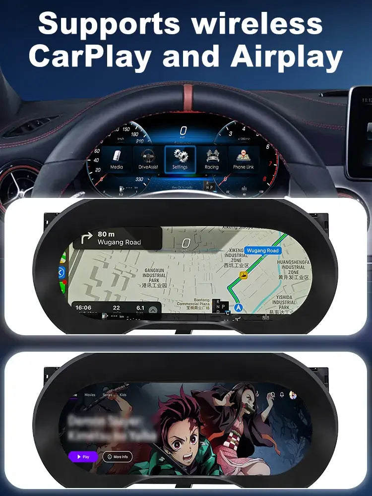 Joyeauto 12.3-inch Linux LCD Digital Instrument Cluster for Mercedes-Benz A-Class W176, CLA C117 and GLA X156 (2012-2019) supporting Wireless CarPlay and AirPlay, featuring navigation display, multimedia streaming and Android Auto integration through a Linux virtual cockpit system.
