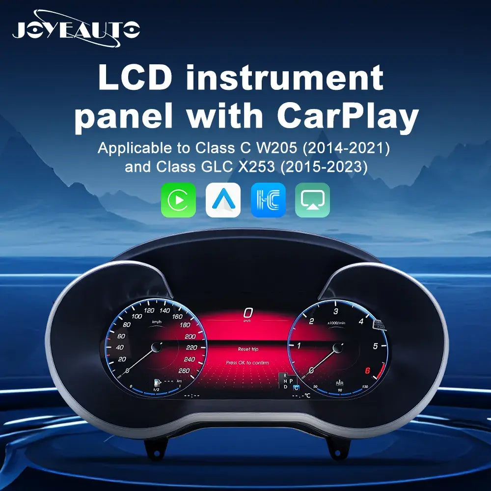 Joyeauto Wireless CarPlay LCD Instrument Cluster for Mercedes-Benz W205 C-Class 2014-2021 and GLC X253 2015-2023 featuring digital dashboard upgrade and virtual cockpit display