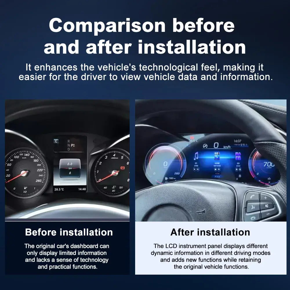 Before and after installation comparison of Joyeauto Wireless CarPlay LCD Instrument Cluster for Mercedes-Benz W205 C-Class and GLC X253 showing upgraded digital dashboard display with virtual cockpit functionality