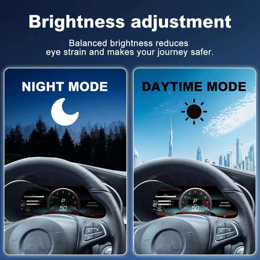 Joyeauto Wireless CarPlay LCD Instrument Cluster for Mercedes-Benz W205 C-Class and GLC X253 featuring automatic brightness adjustment with day mode and night mode display, digital dashboard upgrade and virtual cockpit functionality