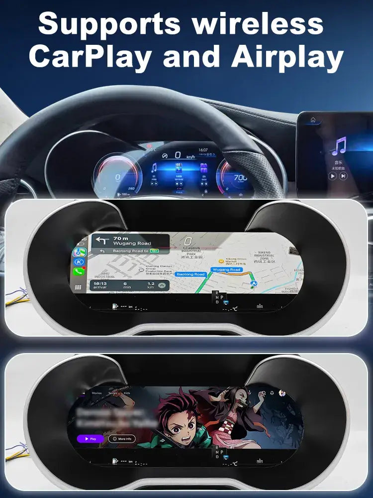 Joyeauto Wireless CarPlay LCD Instrument Cluster for Mercedes-Benz W205 C-Class and GLC X253 displaying Wireless CarPlay navigation, AirPlay media streaming and digital dashboard virtual cockpit interface