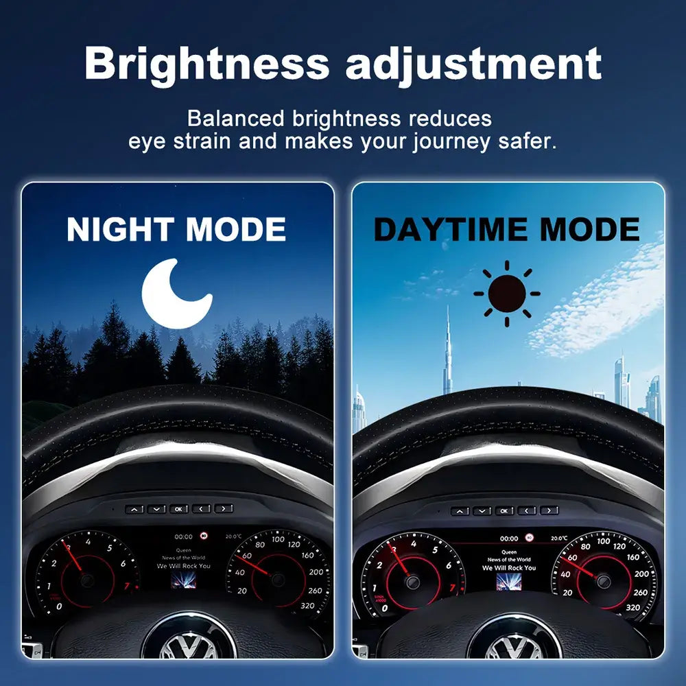 Volkswagen Polo and Amarok virtual cockpit dashboard featuring adaptive daytime and nighttime display modes with wireless CarPlay support