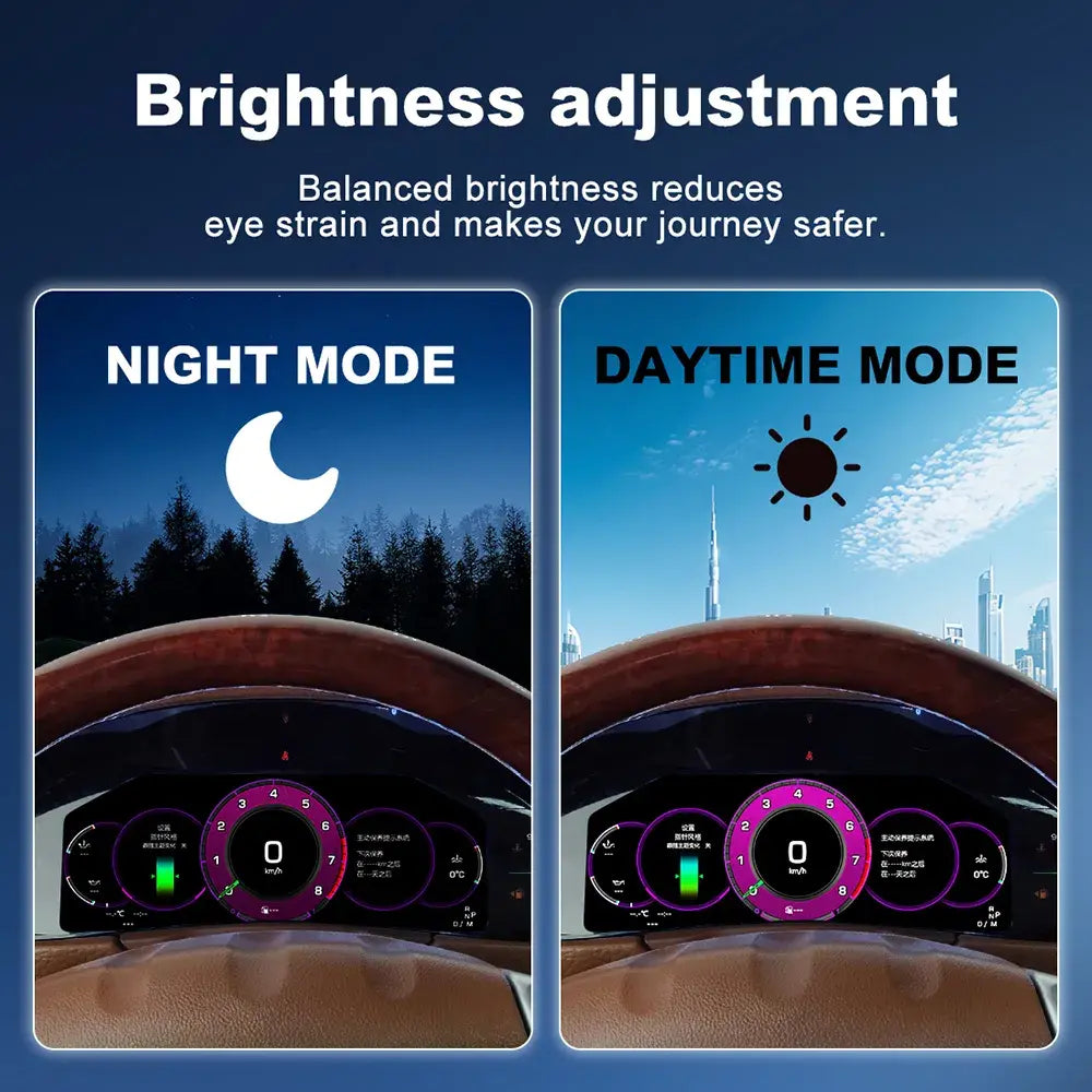 Joyeauto 12.3-inch Linux LCD Digital Instrument Cluster for Porsche Cayenne 955 (2002-2010) demonstrating automatic brightness adjustment with daytime and nighttime display modes, enhancing visibility and driving comfort while supporting Wireless CarPlay, Android Auto and Linux virtual cockpit retrofit.