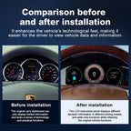 Before and after installation comparison of the Joyeauto 12.3-inch Linux LCD Digital Instrument Cluster for Porsche Cayenne 955 (2002-2010), showing the upgrade from the factory analog instrument cluster to a modern digital virtual cockpit with customizable themes, enhanced vehicle information display, Wireless CarPlay and Android Auto support