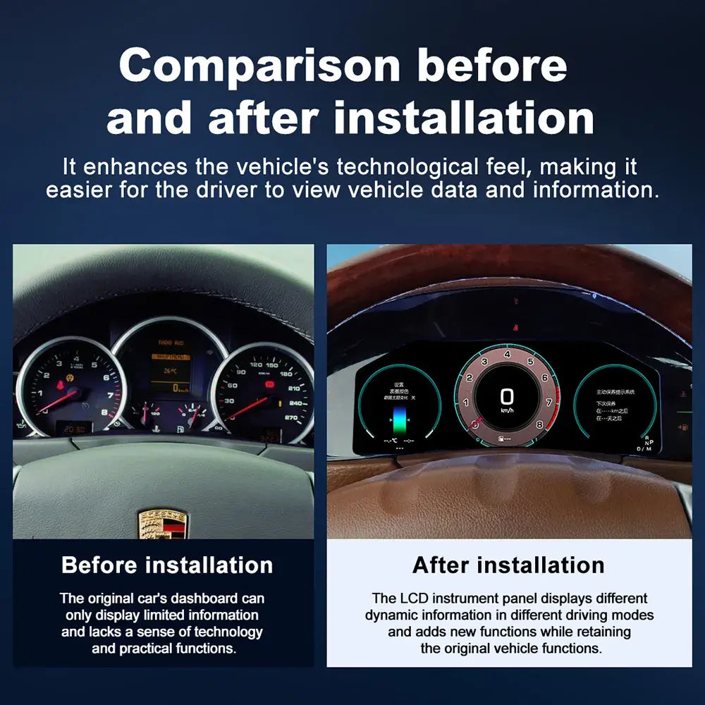Before and after installation comparison of the Joyeauto 12.3-inch Linux LCD Digital Instrument Cluster for Porsche Cayenne 955 (2002-2010), showing the upgrade from the factory analog instrument cluster to a modern digital virtual cockpit with customizable themes, enhanced vehicle information display, Wireless CarPlay and Android Auto support