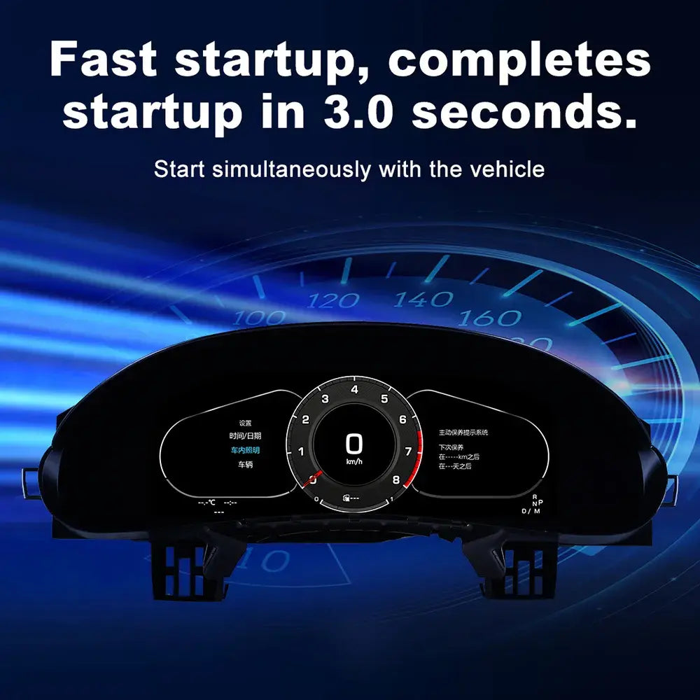 Joyeauto 12.3-inch Linux LCD Digital Instrument Cluster for Porsche Cayenne 955 (2002-2010) featuring ultra-fast 3-second startup time, digital virtual cockpit display, OEM-style integration, Wireless CarPlay, Android Auto and Linux operating system retrofit.