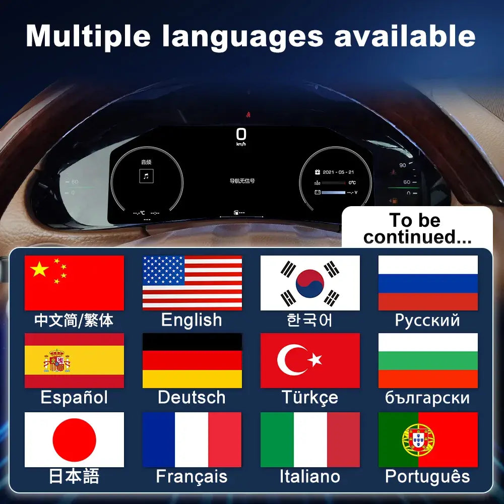 Joyeauto 12.3-inch Linux LCD Digital Instrument Cluster for Porsche Cayenne 955 (2002-2010) featuring multi-language support, including English, German, French, Italian, Spanish, Portuguese, Japanese, Korean, Russian and Chinese, with Wireless CarPlay, Android Auto and Linux virtual cockpit retrofit.