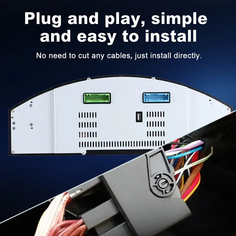 Joyeauto 12.3-inch Linux LCD Digital Instrument Cluster for Porsche Cayenne 955 (2002-2010) featuring plug-and-play installation with OEM wiring harness, no wire cutting required, supporting Wireless CarPlay, Android Auto and Linux virtual cockpit retrofit.