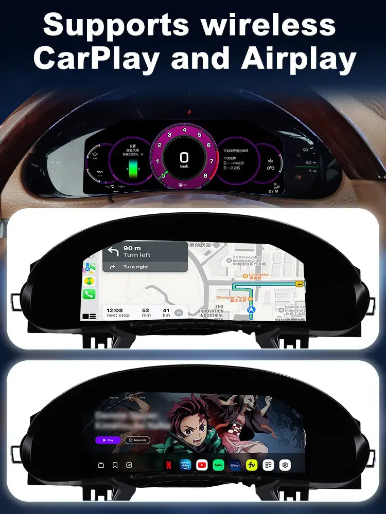 Joyeauto 12.3-inch Linux LCD Digital Instrument Cluster for Porsche Cayenne 955 (2002-2010) demonstrating Wireless CarPlay, Android Auto and AirPlay functionality, including navigation, music streaming and video playback on a modern Linux virtual cockpit retrofit display.