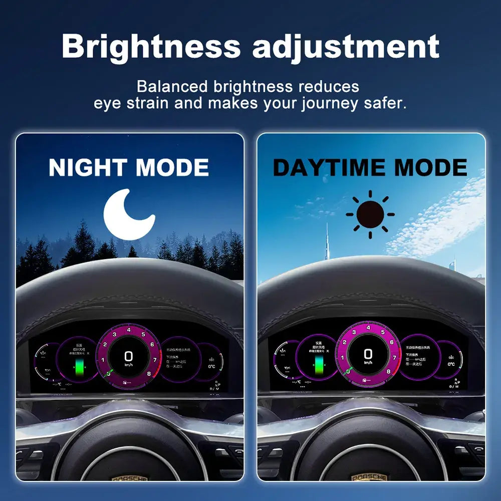 Joyeauto 12.3-inch Linux LCD Digital Instrument Cluster for Porsche Cayenne 958 (2011-2017) showing automatic brightness adjustment with day mode and night mode display settings, improving driving visibility, Wireless CarPlay, Android Auto and Linux virtual cockpit retrofit.