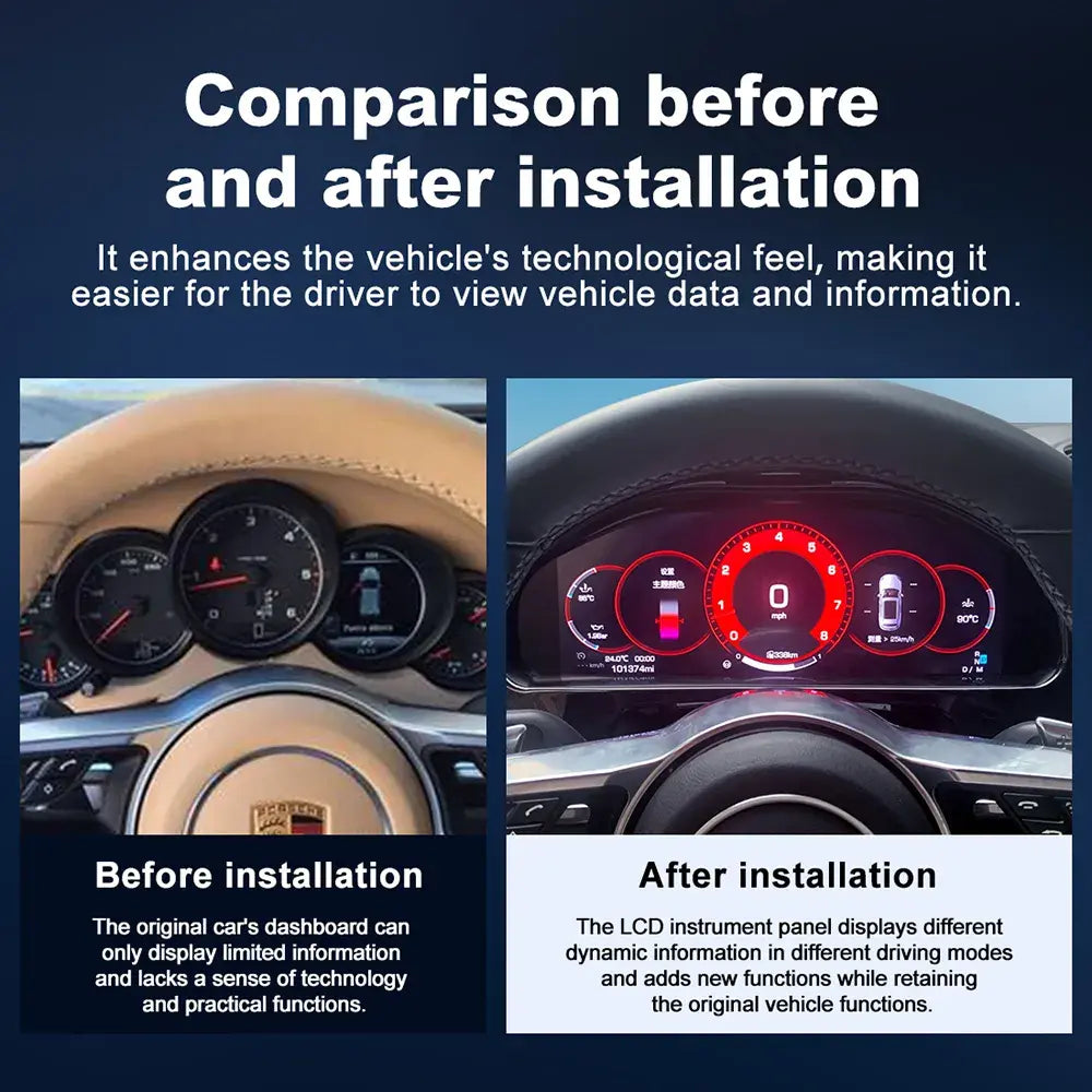Before and after installation comparison of the Joyeauto 12.3-inch Linux LCD Digital Instrument Cluster for Porsche Cayenne 958 (2011-2017), showing the upgrade from the factory analog gauge cluster to a modern digital virtual cockpit with Wireless CarPlay, Android Auto, customizable UI themes and enhanced vehicle information display