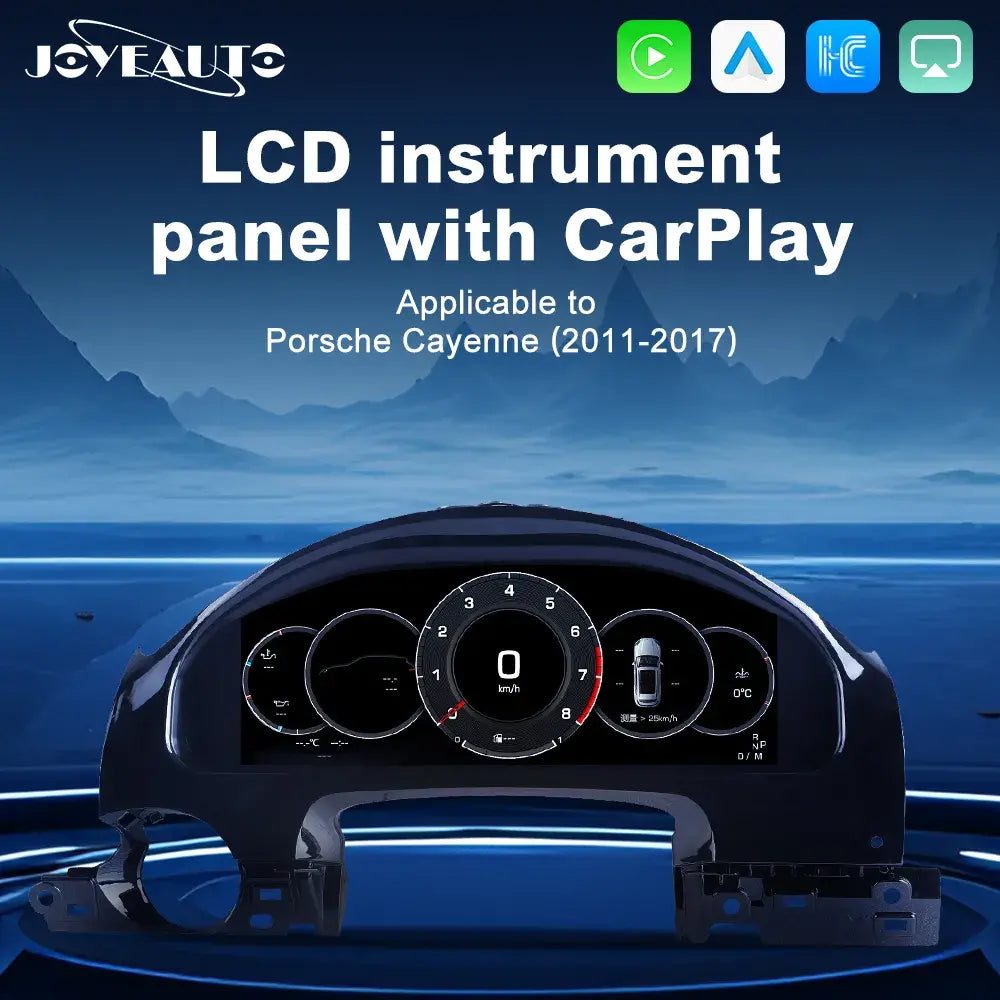 Joyeauto 12.3-inch Linux LCD Digital Instrument Cluster for Porsche Cayenne 958 (2011-2017) featuring Wireless CarPlay, Android Auto, customizable virtual cockpit interface and real-time vehicle information display