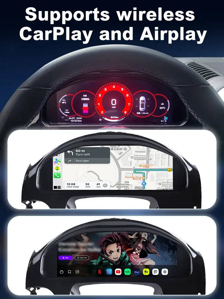 Joyeauto 12.3-inch Linux LCD Digital Instrument Cluster for Porsche Cayenne 958 (2011-2017) demonstrating Wireless CarPlay, Android Auto and AirPlay functionality with navigation, multimedia streaming and smart cockpit integration on a digital virtual dashboard retrofit.