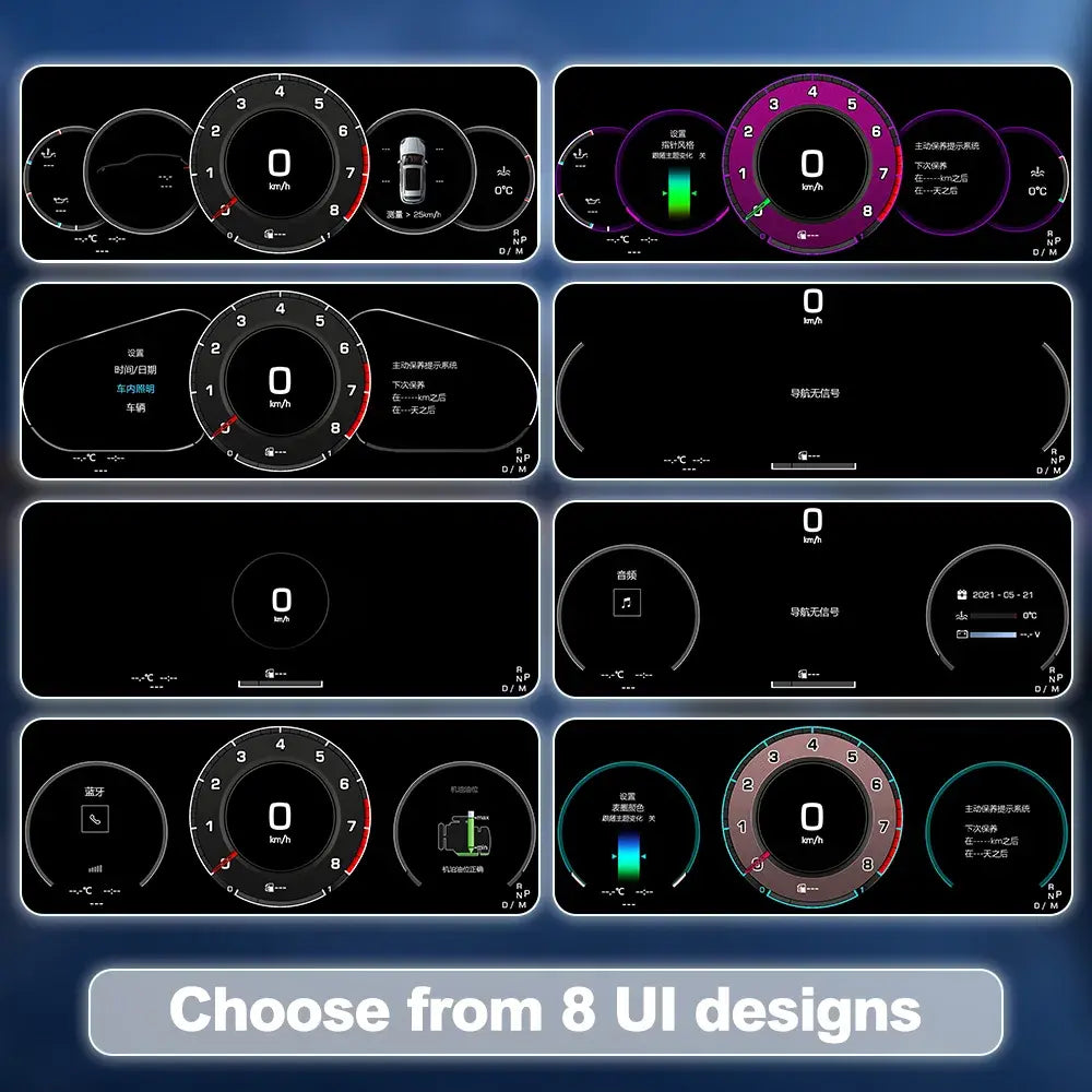 Joyeauto 12.3-inch Linux LCD Digital Instrument Cluster for Porsche Panamera 970 (2010-2016) featuring 8 customizable UI themes, Wireless CarPlay, Android Auto and a Linux virtual cockpit system with multiple dashboard layouts.