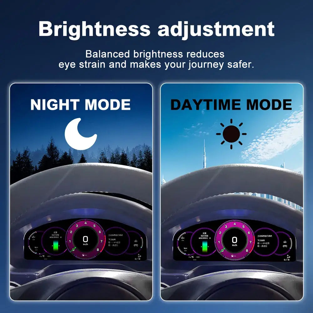 Joyeauto 12.3-inch Linux LCD Digital Instrument Cluster for Porsche Panamera 970 (2010-2016) featuring automatic brightness adjustment, day and night display modes, Wireless CarPlay, Android Auto and a Linux virtual cockpit system for enhanced driving visibility.