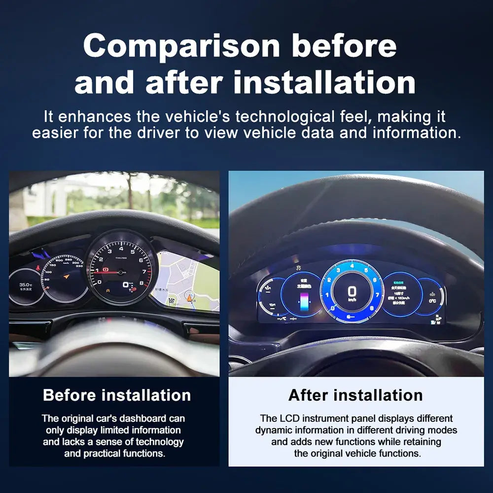 Before and after installation comparison of Joyeauto 12.3-inch Linux LCD Digital Instrument Cluster for Porsche Panamera 970 (2010-2016), showcasing the upgrade from the factory dashboard to a modern Linux virtual cockpit with Wireless CarPlay, Android Auto and enhanced driving information display.