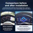 Before and after installation comparison of Joyeauto 12.3-inch Linux LCD Digital Instrument Cluster for Porsche Panamera 970 (2010-2016), showcasing the upgrade from the factory dashboard to a modern Linux virtual cockpit with Wireless CarPlay, Android Auto and enhanced driving information display.