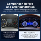 Before and after installation comparison of Joyeauto Premium Digital Cluster for VW Touareg 7L 2003-2010 showing upgraded digital cockpit display with Linux system and Wireless CarPlay functionality