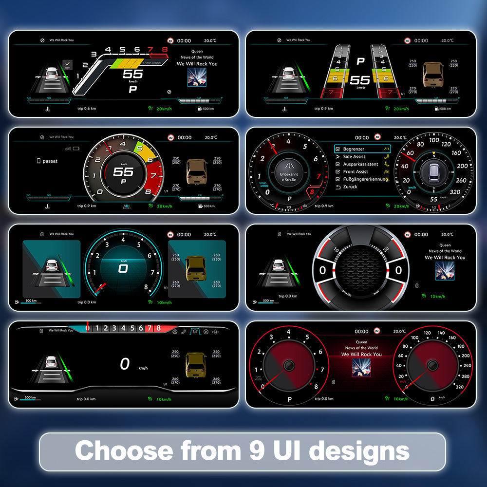 Joyeauto Premium Digital Cluster for VW Touareg 7L 2003-2010 featuring 9 customizable UI themes, Linux system, Wireless CarPlay and digital cockpit display