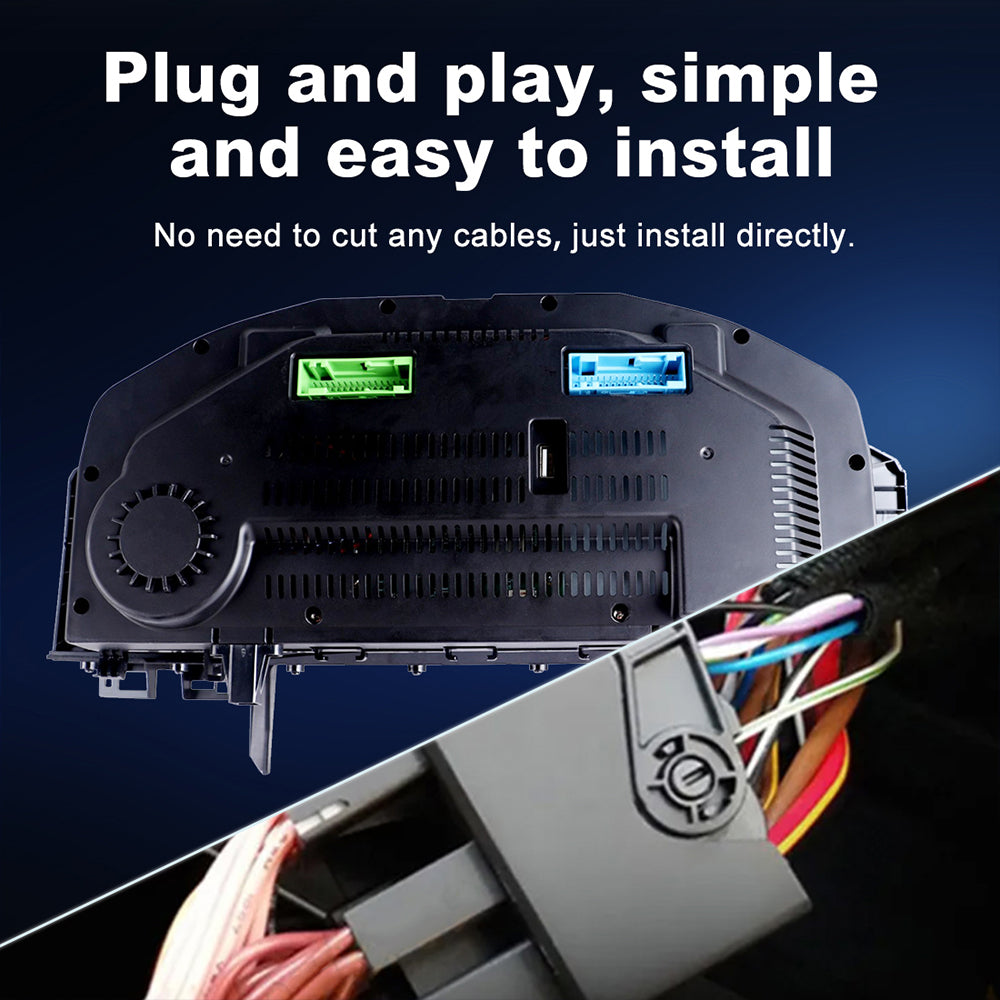 Joyeauto Premium Digital Cluster for VW Touareg 7L 2003-2010 featuring plug and play installation, OEM wiring harness connection, Linux system and Wireless CarPlay support