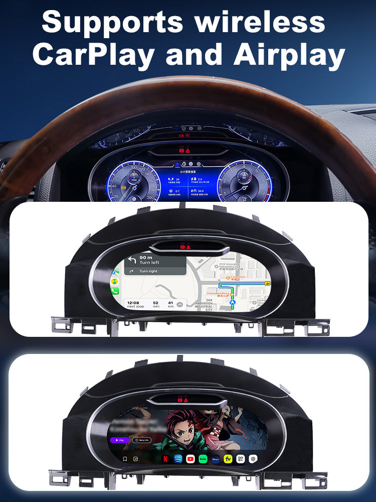 Joyeauto Premium Digital Cluster for VW Touareg 7L 2003-2010 displaying Wireless CarPlay navigation, multimedia apps and Linux system digital cockpit interface