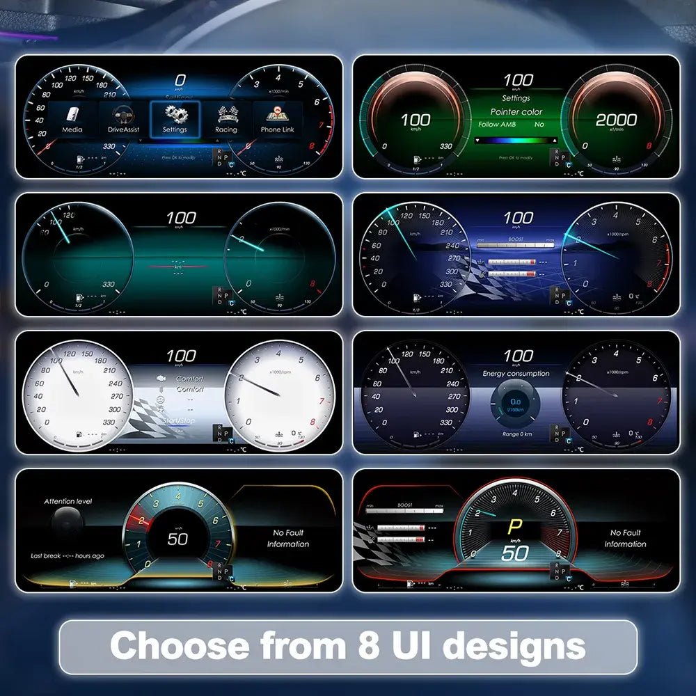 Joyeauto 12.3-inch Linux LCD digital instrument cluster for Mercedes-Benz E-Class W212 featuring 8 customizable UI display themes