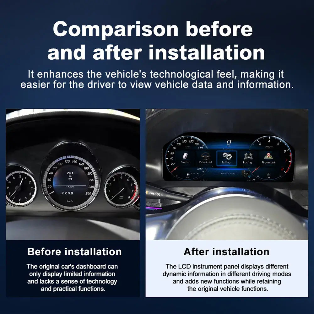 Joyeauto 12.3-inch Linux LCD digital instrument cluster for Mercedes-Benz E-Class W212 showing before and after virtual cockpit retrofit comparison