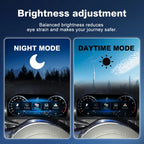 Joyeauto 12.3-inch Linux LCD digital instrument cluster for Mercedes-Benz E-Class W212 featuring automatic brightness adjustment with daytime and night driving modes