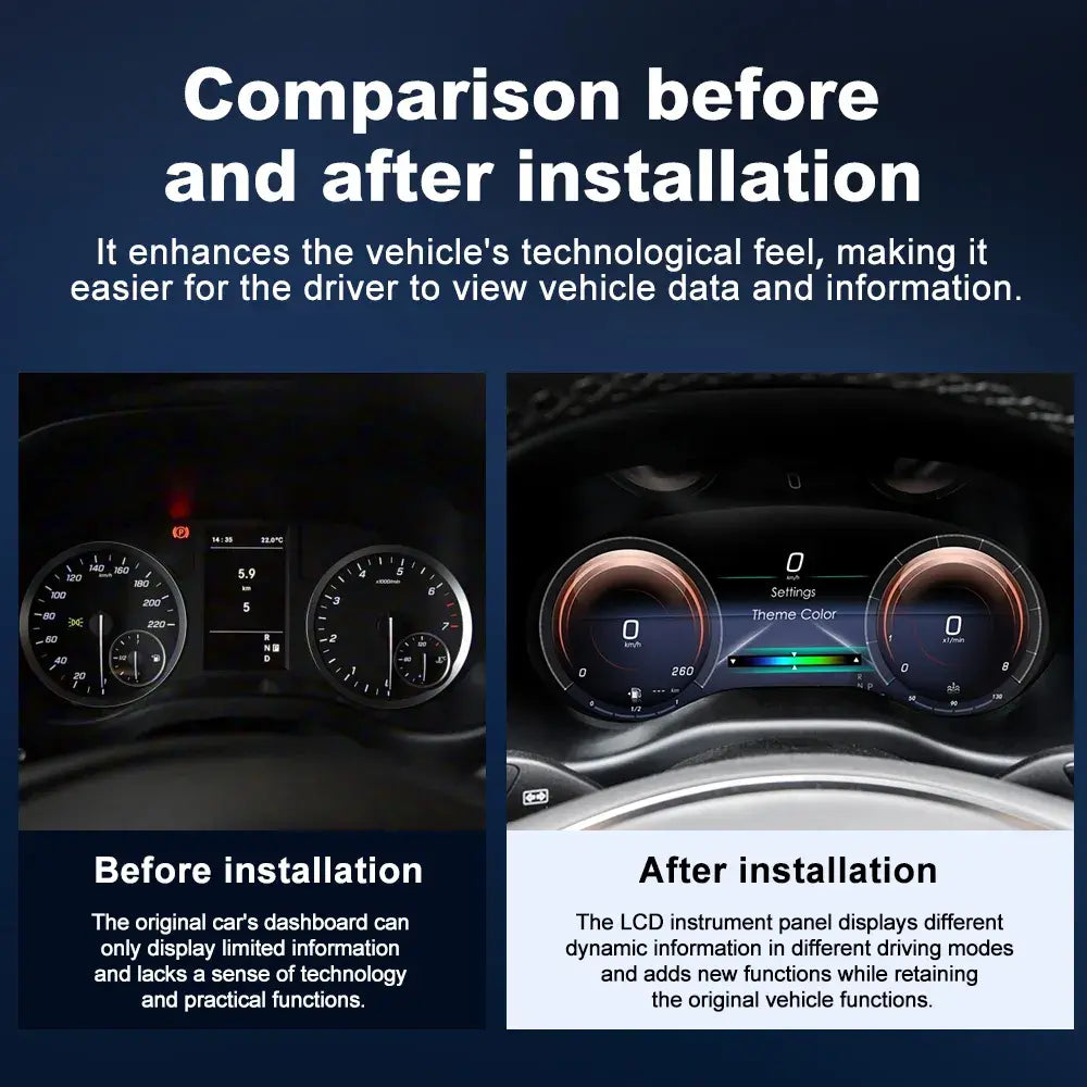 Joyeauto 12.3-inch Linux LCD digital instrument cluster for Mercedes-Benz Vito W447 showing before and after dashboard upgrade comparison