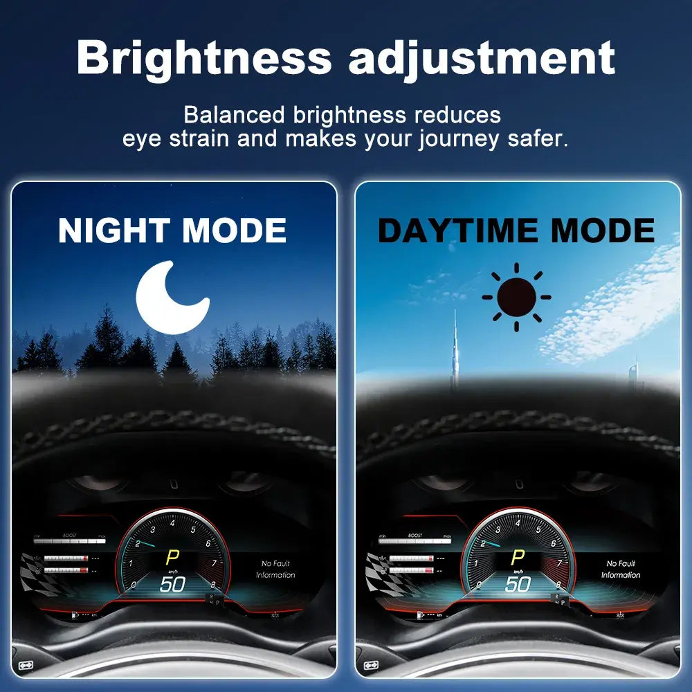 Joyeauto 12.3-inch Linux LCD digital instrument cluster for Mercedes-Benz Vito W447 featuring automatic brightness adjustment and day/night display modes