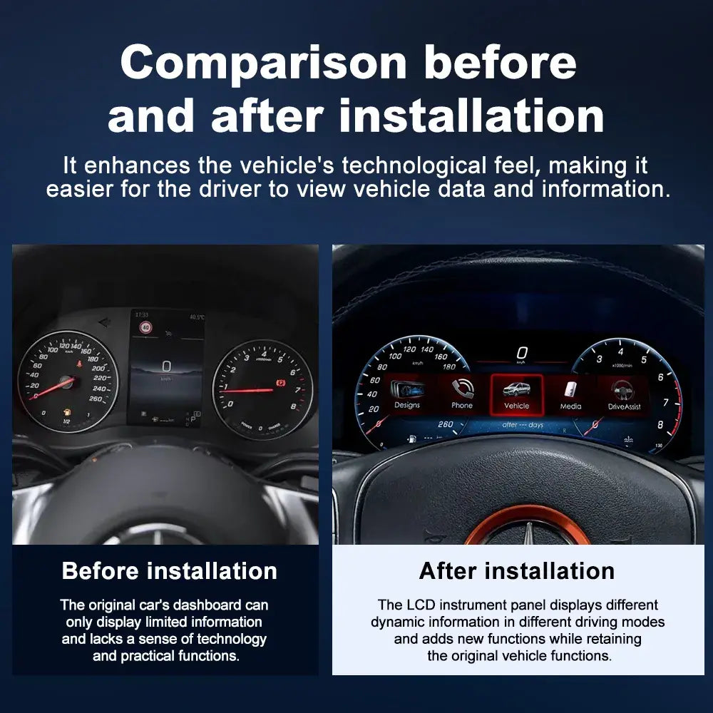 Joyeauto 12.3-inch Linux LCD digital instrument cluster for Mercedes-Benz Vito showing before and after virtual cockpit retrofit comparison