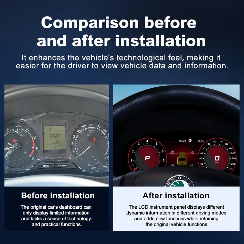 Skoda Fabia dashboard transformation with wireless CarPlay and Android Auto virtual cockpit retrofit
