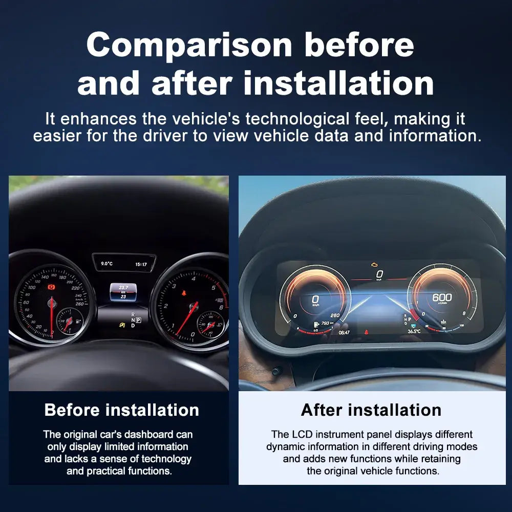 Joyeauto 10-inch Linux LCD digital instrument cluster for Skoda Fabia 2008-2014 showing before and after virtual cockpit retrofit comparison.