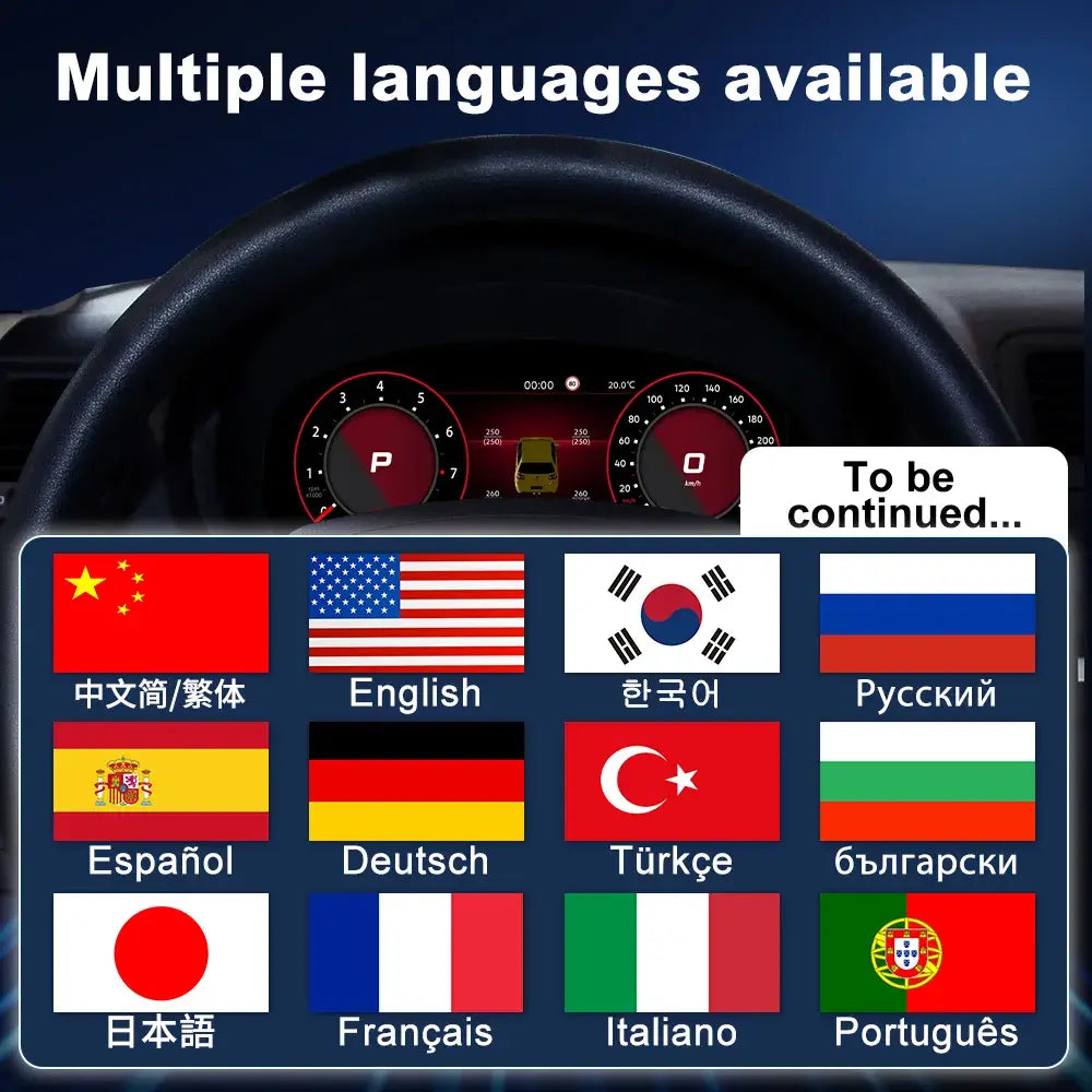 Skoda Fabia virtual cockpit dashboard featuring multiple language interface options with wireless CarPlay and Android Auto