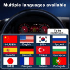 Skoda Fabia virtual cockpit dashboard featuring multiple language interface options with wireless CarPlay and Android Auto