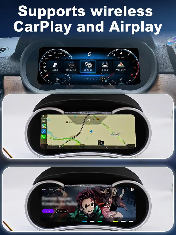 Joyeauto 10-inch Linux LCD digital instrument cluster for Skoda Fabia 2008-2014 with wireless CarPlay and AirPlay support for navigation and multimedia.