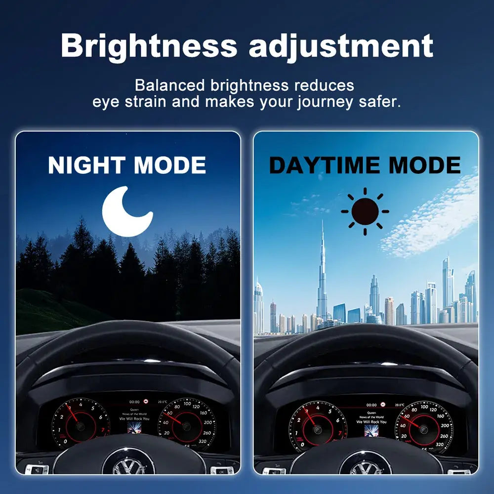 Volkswagen Multivan T5 virtual cockpit dashboard featuring daytime and night mode interface with wireless CarPlay and Android Auto