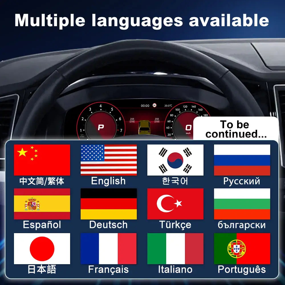 Volkswagen Multivan T5 virtual cockpit dashboard featuring multiple language interface options with wireless CarPlay and Android Auto