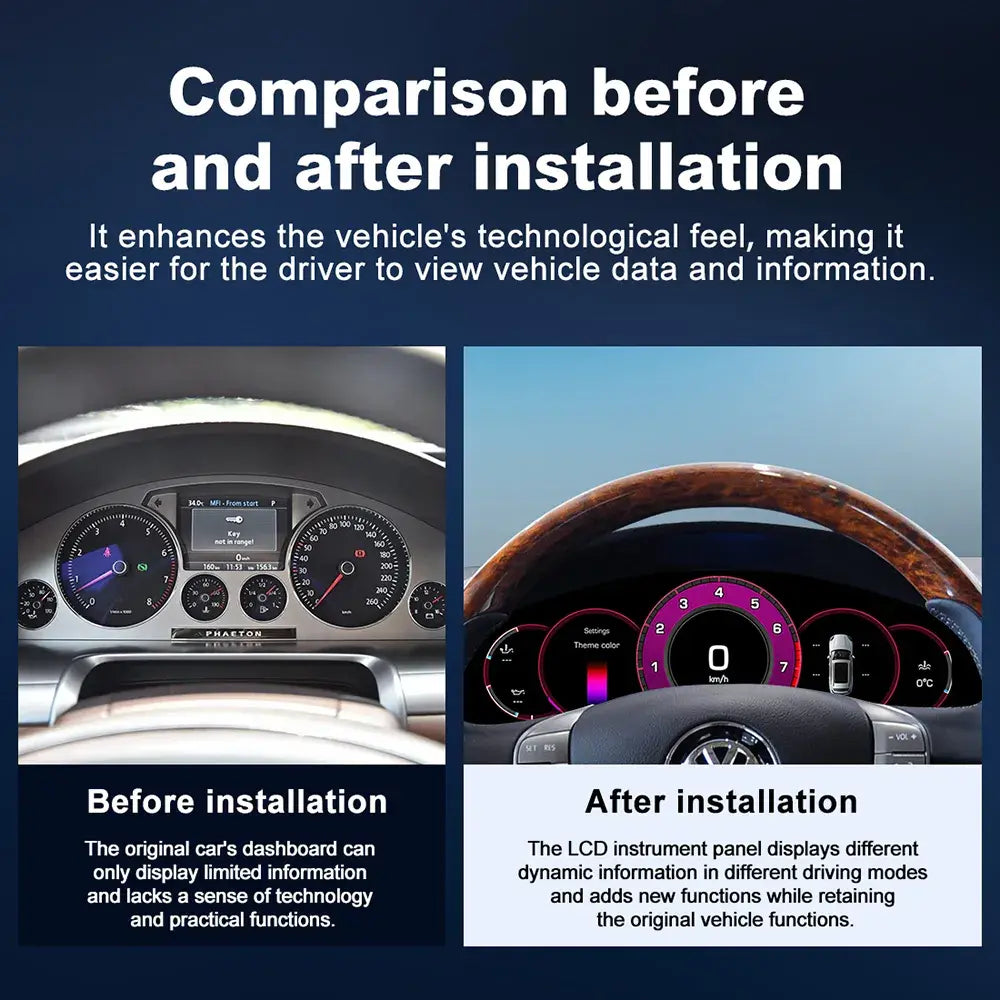 Joyeauto 12.3-inch Linux LCD digital instrument cluster for Volkswagen Phaeton showing before and after virtual cockpit retrofit comparison