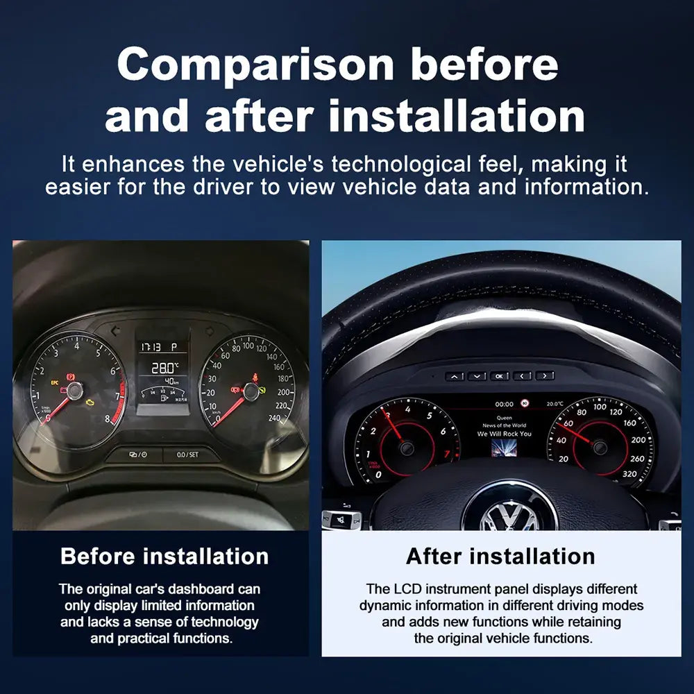 Volkswagen Polo and Amarok dashboard transformation with wireless CarPlay and Android Auto virtual cockpit retrofit