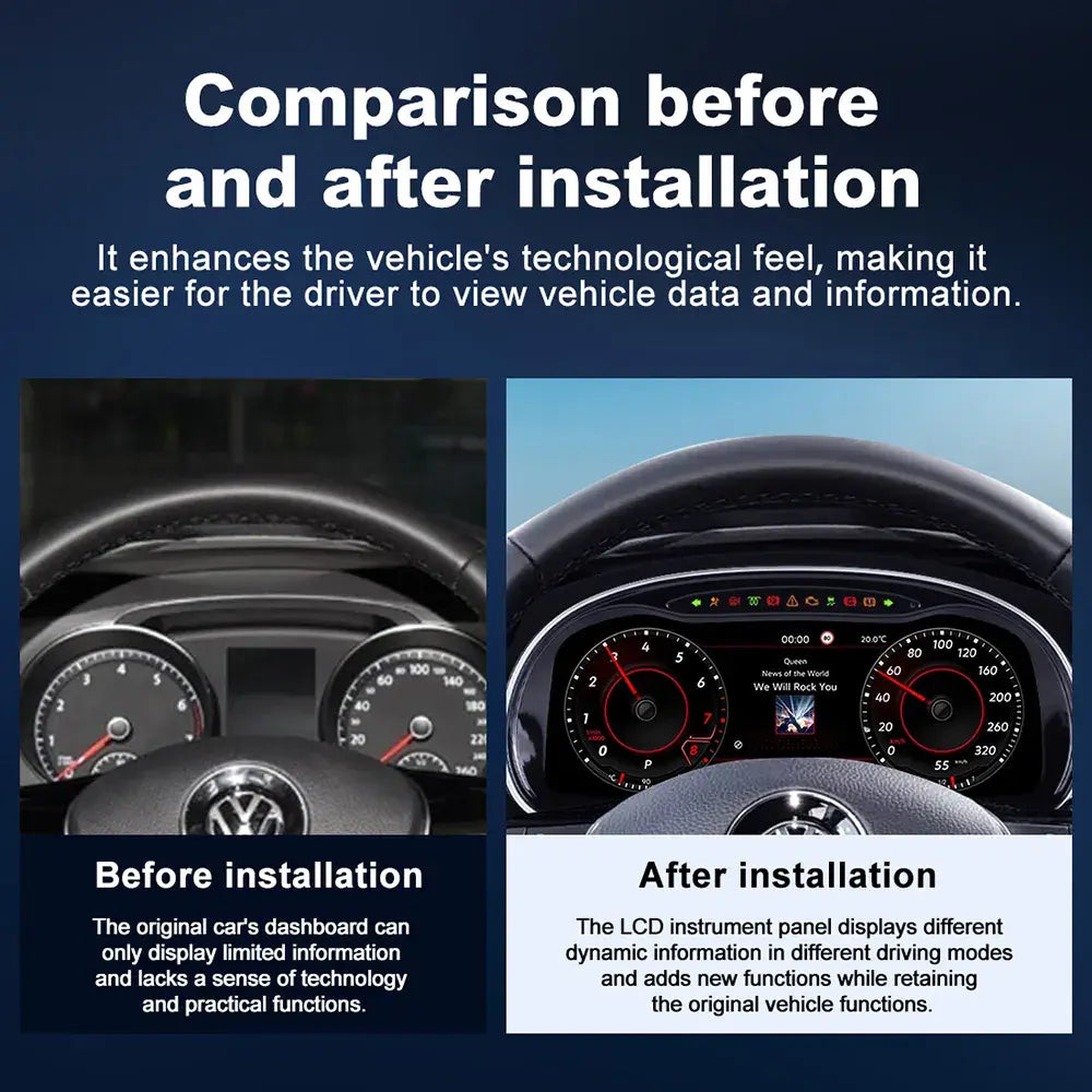 Before and after comparison of Joyeauto 12.3-inch Linux LCD digital instrument cluster upgrade for Volkswagen Golf 7 MK7 MK7.5