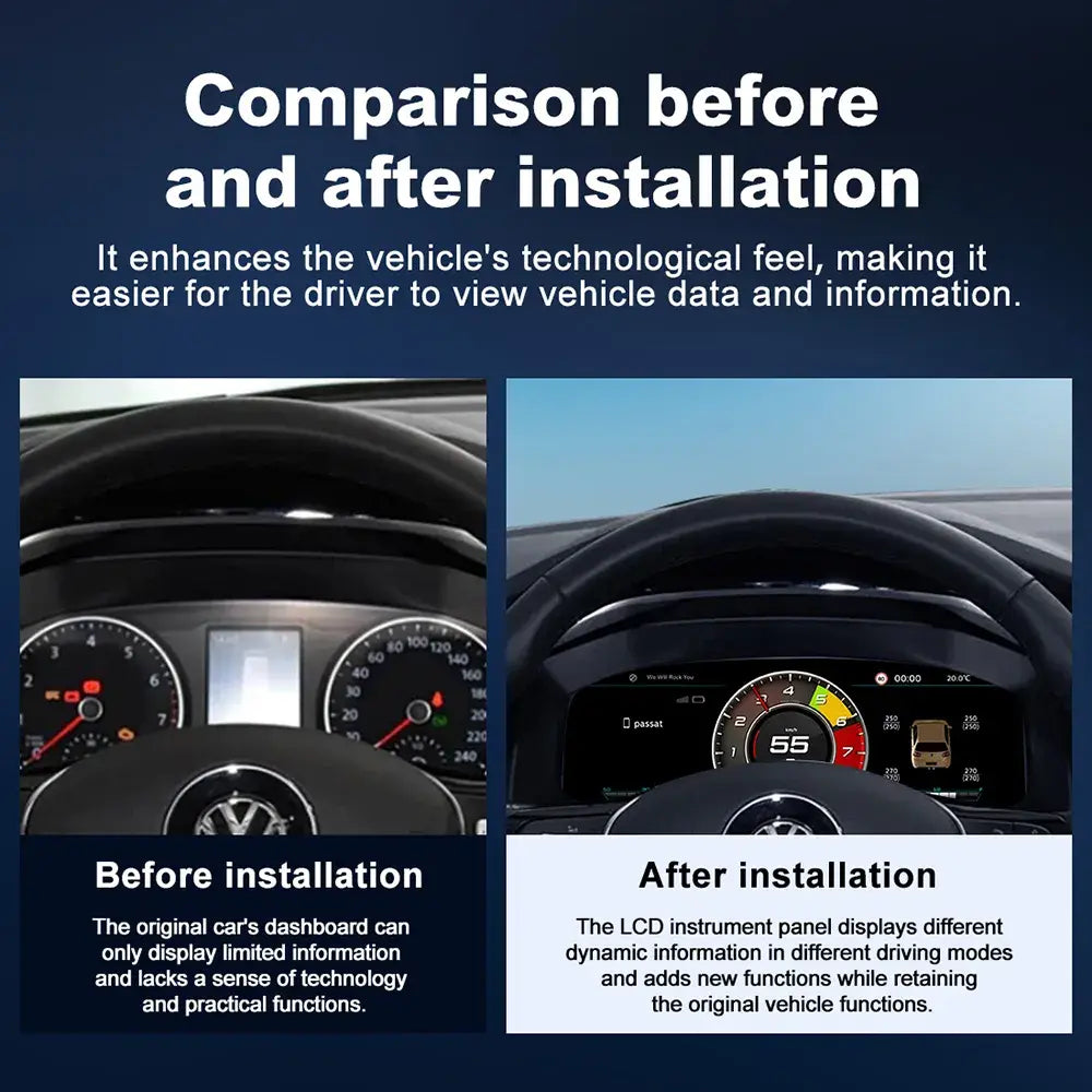 Volkswagen Multivan T5 virtual cockpit retrofit comparison showing original dashboard versus upgraded digital cluster